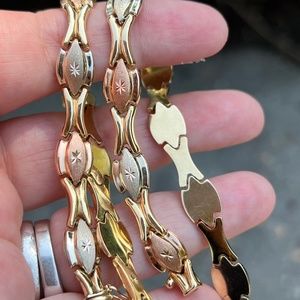 14K TRI COLOR YELLOW ROSE WHITE GOLD NECKLACE STATEMENT STAR ETCHED DESIGN HEAVY